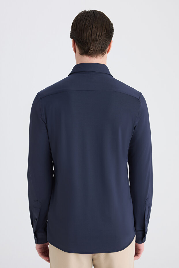 Slim Fit Lacivert Örme Gömlek - 3