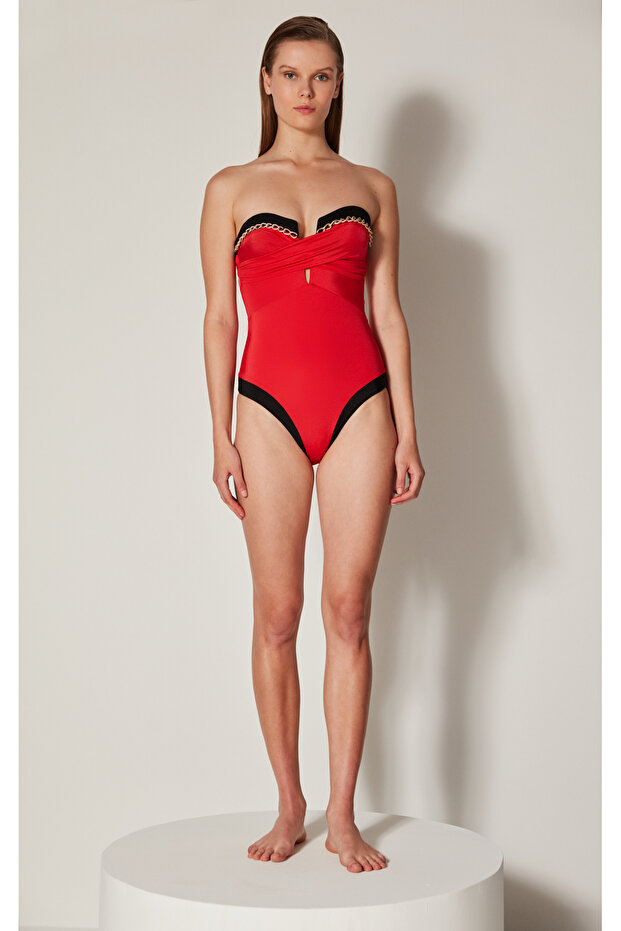 Czerwony czarny metalowy dodatek Szczegółowy kwarcowy kostium kąpielowy - 2