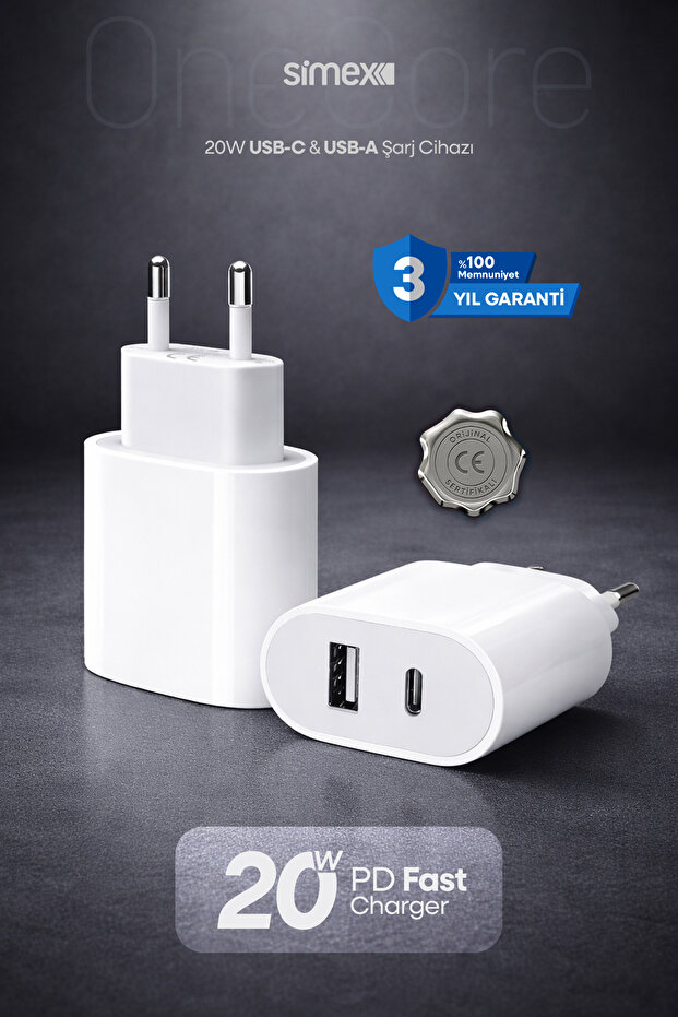 Simex iPhone 11-12-13-14 Serileri & iPad Uyumlu - USB / PD 20W Hızlı Şarj Aleti - CE Belgeli -SPS-16