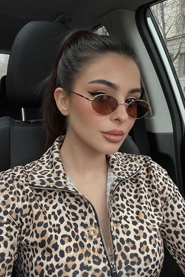 Milenya Gold Kahverengi Elips Metal Unısex Güneş Gözlüğü - 1
