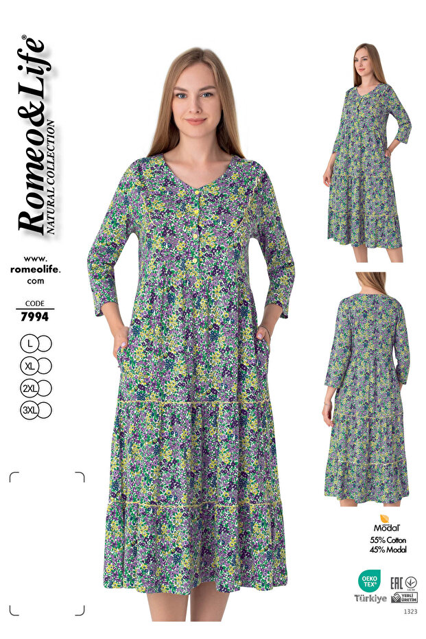 Women's Cotton Modal Fabric Button Detail Patterned Stylish Dress 7994