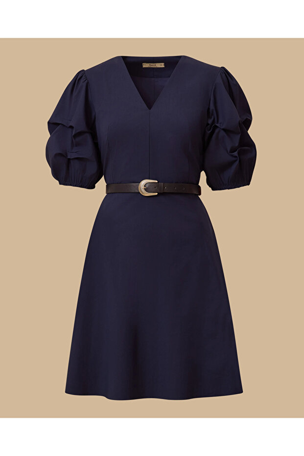 V Yaka Balon Kol Mini Elbise - 8