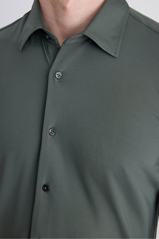 Slim Fit Haki Örme Gömlek - 2