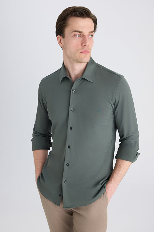 Slim Fit Haki Örme Gömlek - 4