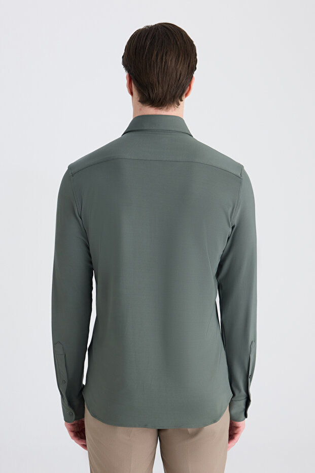 Slim Fit Haki Örme Gömlek - 3