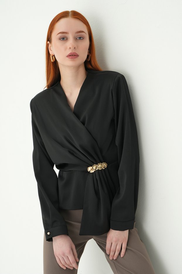 Black Double-Breasted Collar Stone Buckle Detailed Long Sleeve Women's Blouse 251279