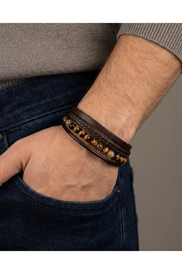 Genuine Leather Tiger's Eye Natural Stone Men's Bracelet