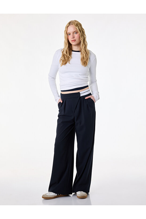 Contrast Detailed Straight Wide Leg Fabric Trousers with Pockets