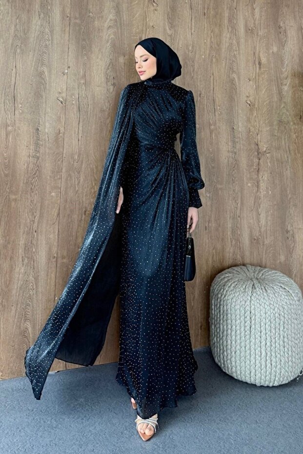 Stone Detailed Evening Dress Black