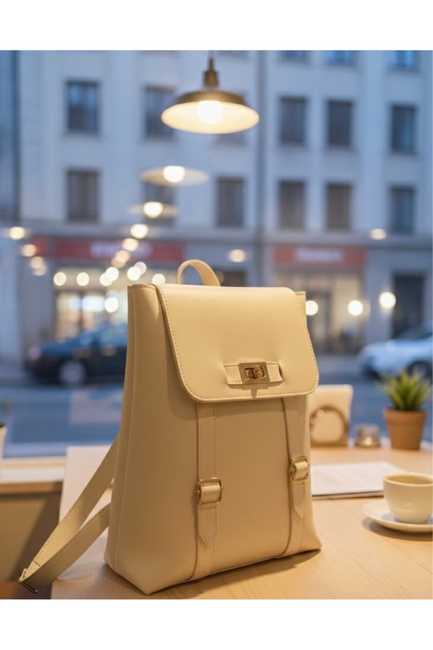 Women's Cream Vintage Cover Backpack - School, Laptop and Daily Use Faux Leather Bag