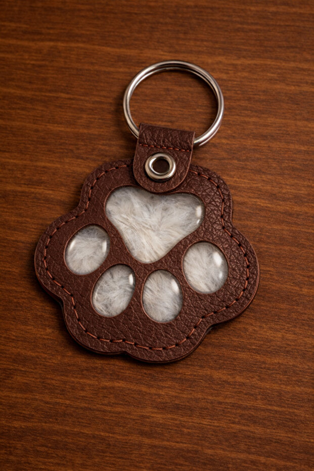 Paw Model Pet Hair Filled Leather Keychain Accessory Gift Souvenir Brown