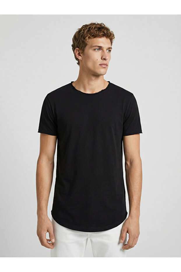 Slim Fit Siyah Oval Uzun Basic T-shirt - 4