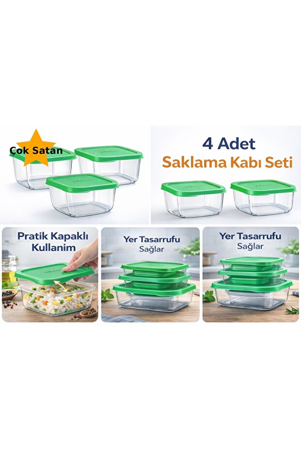 صندوق تخزين زجاجي بغطاء أخضر من سنوبوكس، 4 قطع × 275 سم مكعب، وعاء مربى، وعاء إفطار، لتخزين الطعام