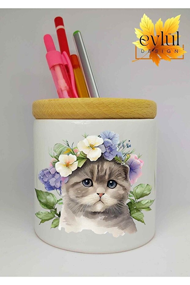 Floral Cat Printed Ceramic Pen Holder Wooden Detailed Makeup Brush Box Pen Case