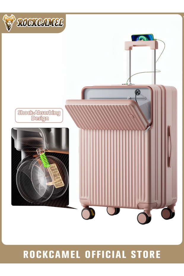 Front Open Carry-On Luggage with Shock-Absorbing Wheel, Hard Shell Suitcase(Pink, 20-Inch)