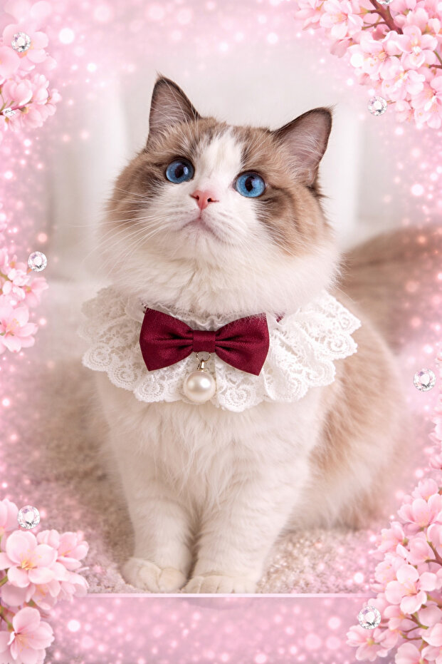Cat Outfit with Bow Tie and Pearls in Burgundy (Collar, Bandana)