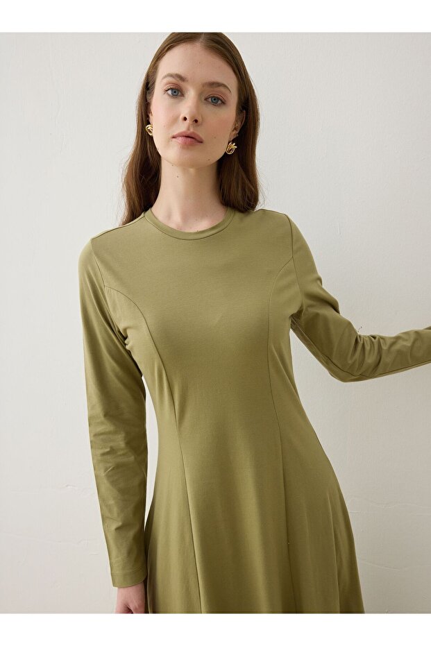 Bel Detaylı A Form Basic Tesettür Elbise - Açık Haki - - 7