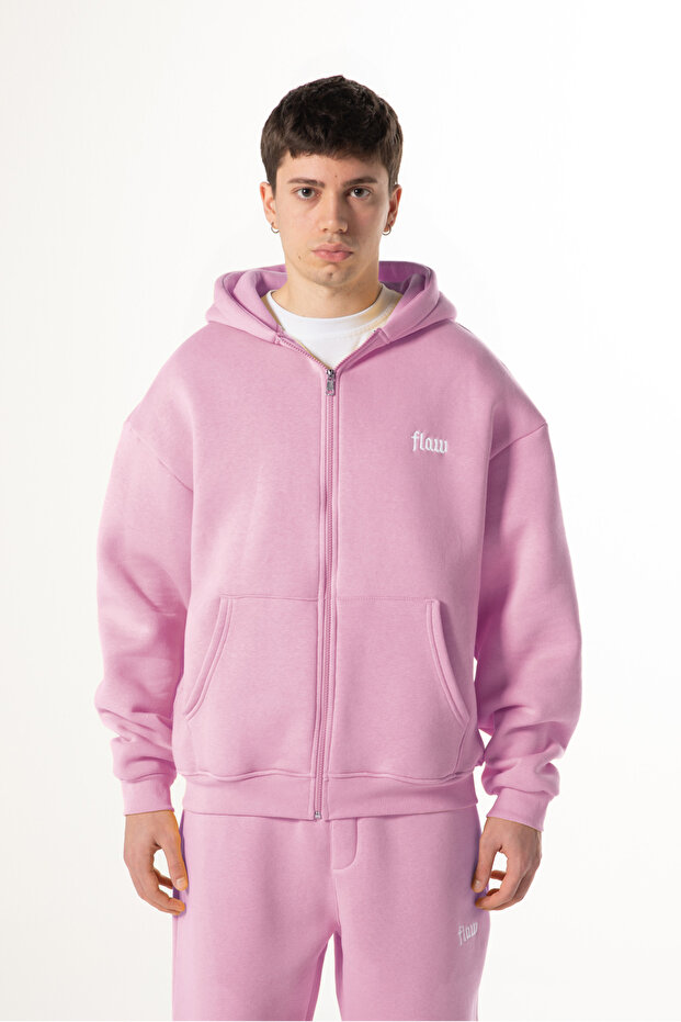 Flaw Embroidered Pink Zip Hoodie