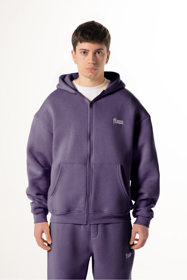 Flaw Embroidered Purple Zip Hoodie