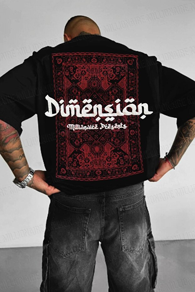 Men's Dimension Puffy Printed Black Crew Neck Oversize Casual T-Shirt