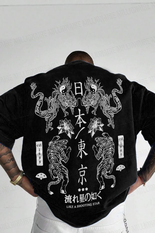 Men's Dragon Printed Black Crew Neck Oversize Casual T-Shirt