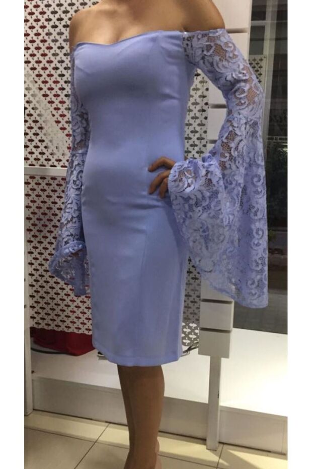 İSPANYOL KOL MAVİ ABİYE ELBİSE - 2