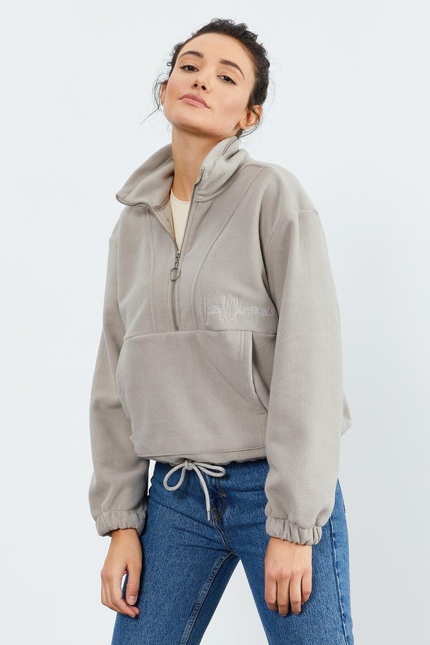 Dark Beige Half Zipper Hem Gathered Women's Fleece Standard Fit Sweatshirt - 97171