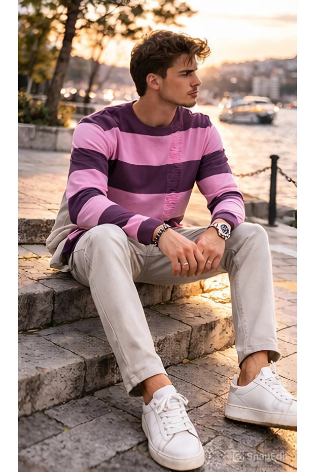 Men's Pink Plum Striped Crew Neck Knit Sweater with Interspersed Tassels on the Front – Modern Design