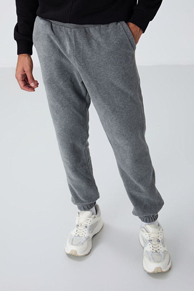 Gray Melange Hidden Zipper Comfortable Form Rubber Cuff Fleece Men's Sweatpants - 84866
