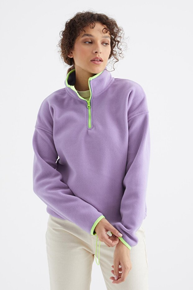 Light Purple Half Zipper Skirt Hem Gathered Stand Collar Standard Fit Women's Fleece Sweatshirt - 97234