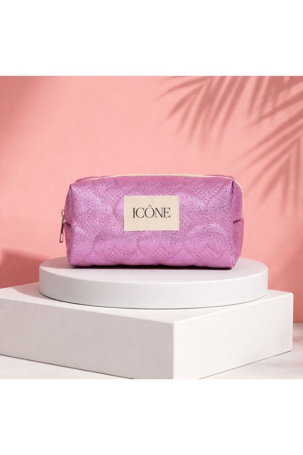 Heart Quilted Embroidered Metallic Color Makeup Bag Pcs, Metallic Purple Faux Leather Makeup Bag Pcs
