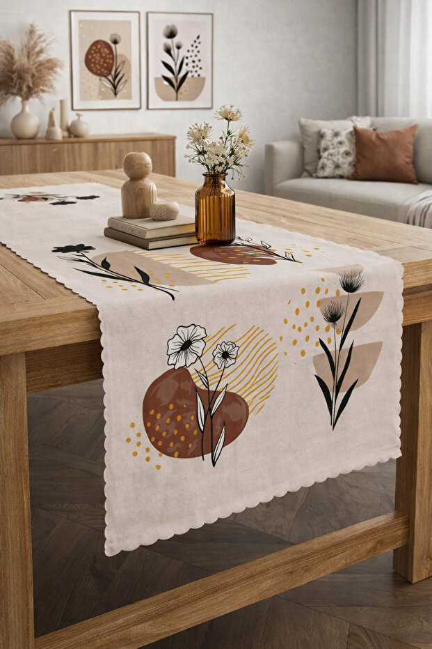 Spring Flowers Patterned Brown Lines Patterned Digital Printed Decorative Runner - 4