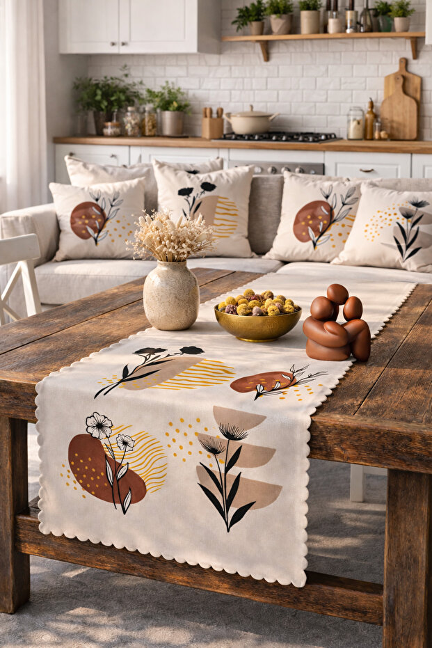 Spring Flowers Patterned Brown Lines Patterned Digital Printed Decorative Runner - 3