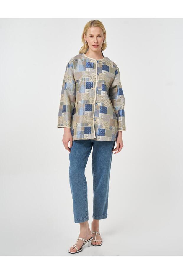 Square Pattern Jacquard Jacket Indigo - 3