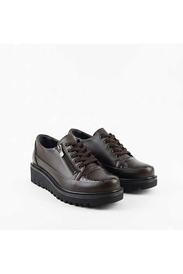 Inside and Outside Genuine Leather Crocodile Detail Side-Zip Orthopedic Sole Lace-Up Women's Shoes