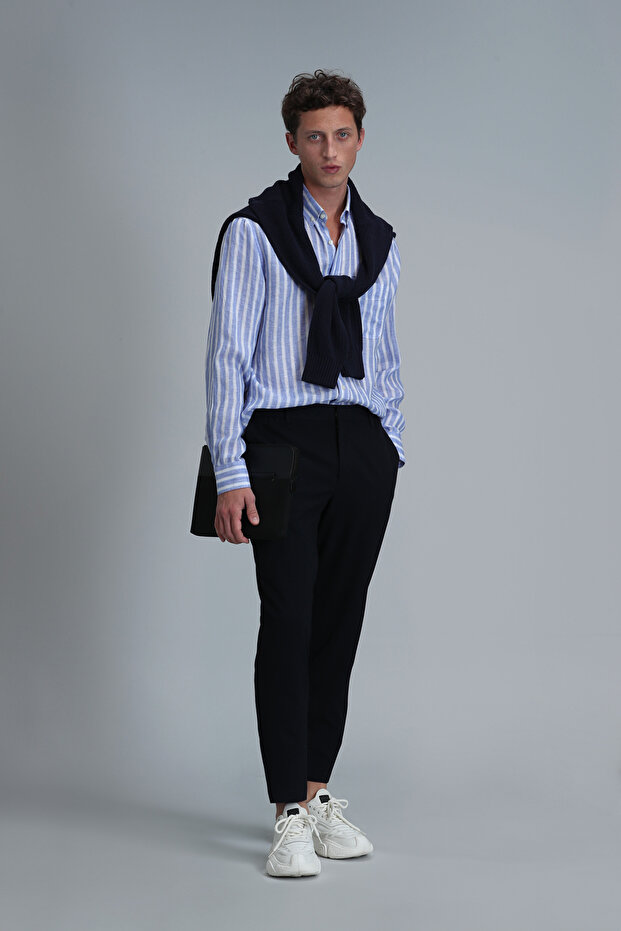 London Erkek Keten Gömlek Regular Fit Mavi - 2