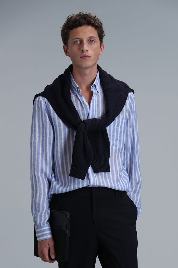 London Erkek Keten Gömlek Regular Fit Mavi - 5