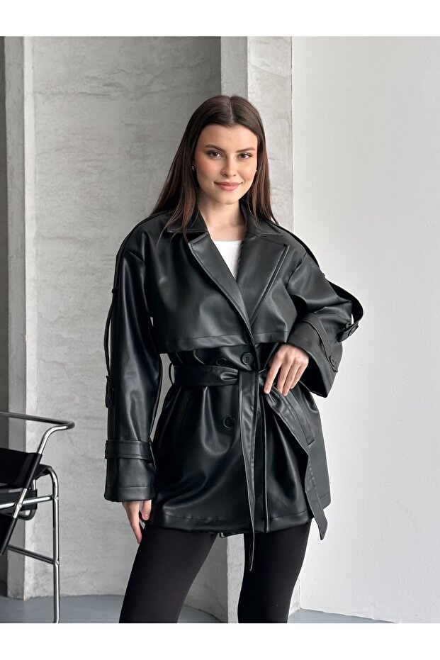 Women's Leather Trench Coat Belted Short Length New Season Outerwear