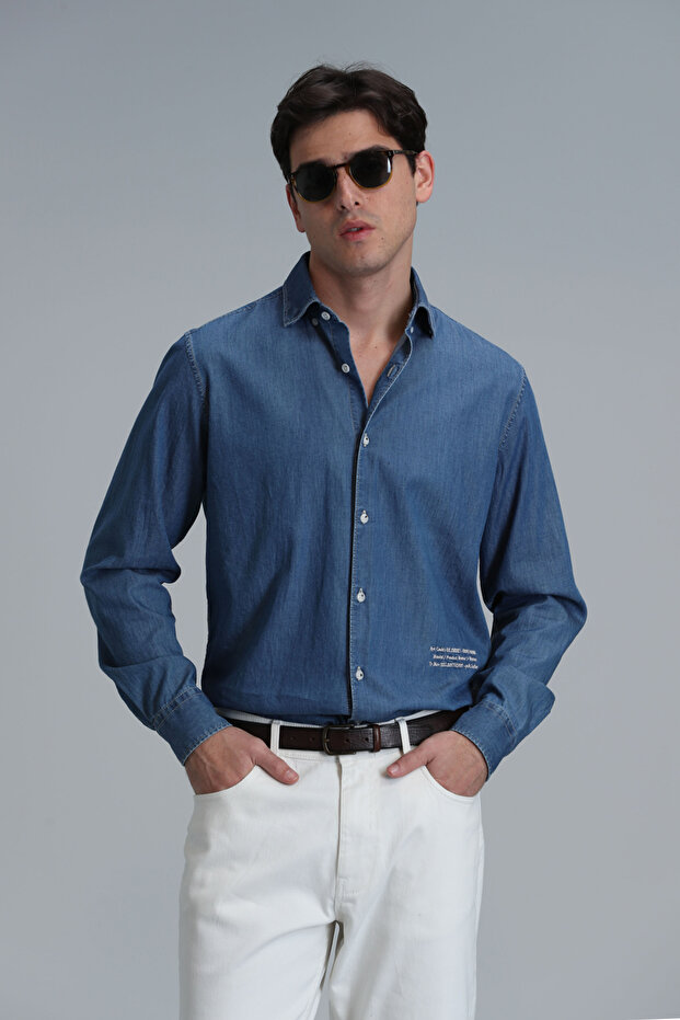 Men's Blue Regular Fit Basic Shirt - Warter - 1