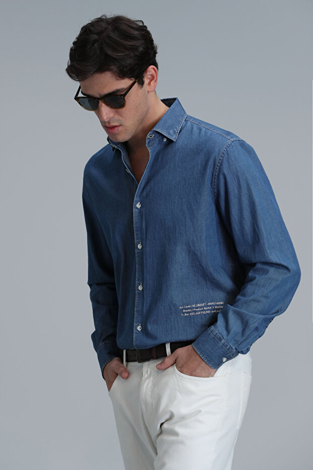 Men's Blue Regular Fit Basic Shirt - Warter - 5