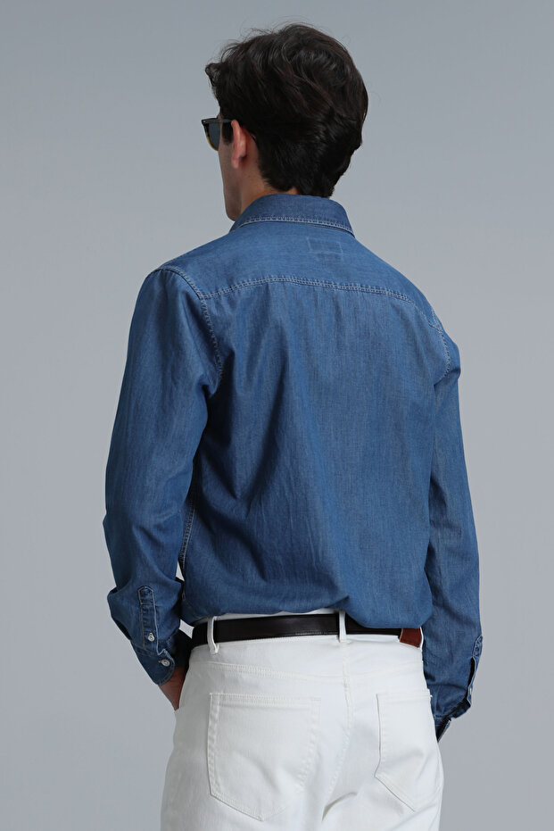 Men's Blue Regular Fit Basic Shirt - Warter - 6