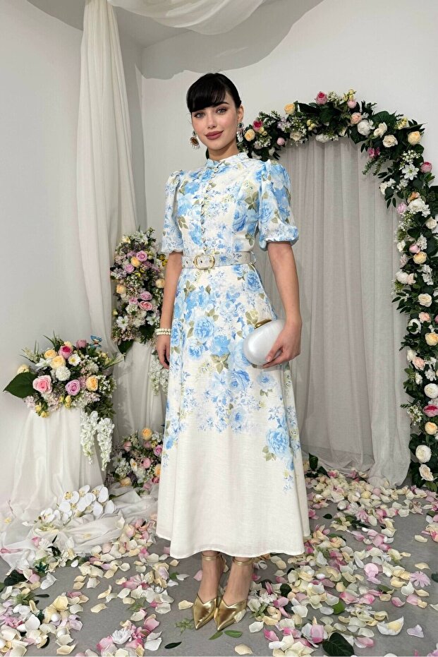Blue Floral Print Button Detail Belted Premium Linen Dress