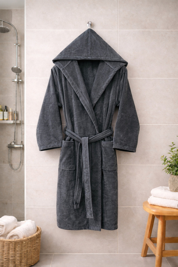 Bornoz Kadife Kapüşonlu %100 Pamuklu - 1