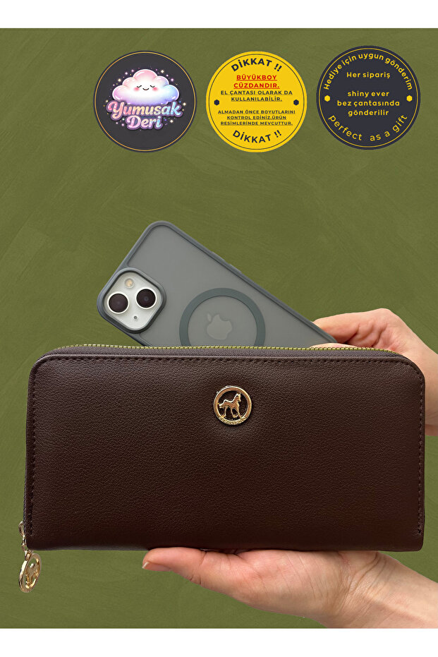 Large Size Leather Women's Wallet Handbag with Phone Compartment Bitter Brown with Gold Detail