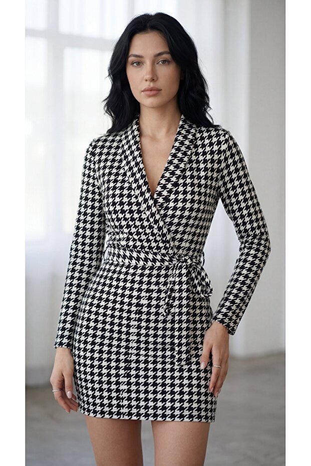 Women's Long Sleeve Double Breasted Collar Tie Belt Diver Mini Size Dress