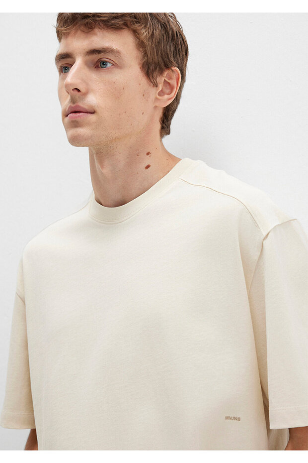 Crew Neck Mvjns Embroidered Ecru Basic T-Shirt Boxy Fit 0612909-70065