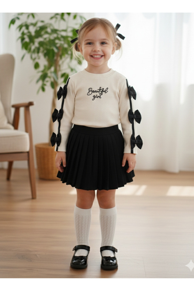 Girl's Bow Detailed Long Sleeve Ribbed Blouse and Pleated Skirt Set 2-5 Years