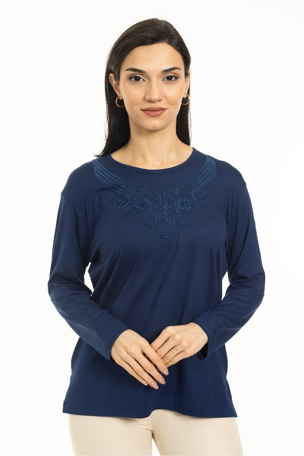 New Season Women's Middle Age and Up New Pattern Knitwear Collar Lycra Mother Combed Cotton Blouse 30520