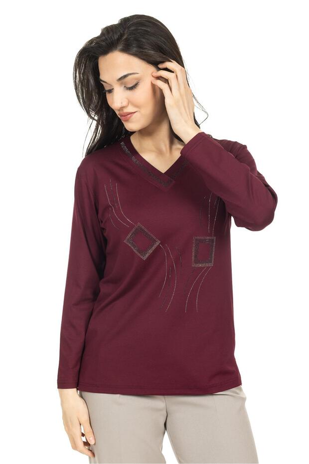 Women's Middle-Aged and Above New Model V-Neck Stone Embroidered Mother Combed Cotton Blouse 30560