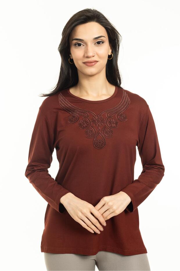 Women's Middle Age and Above New Model Round Collar Lycra Mother Combed Cotton Blouse 30550